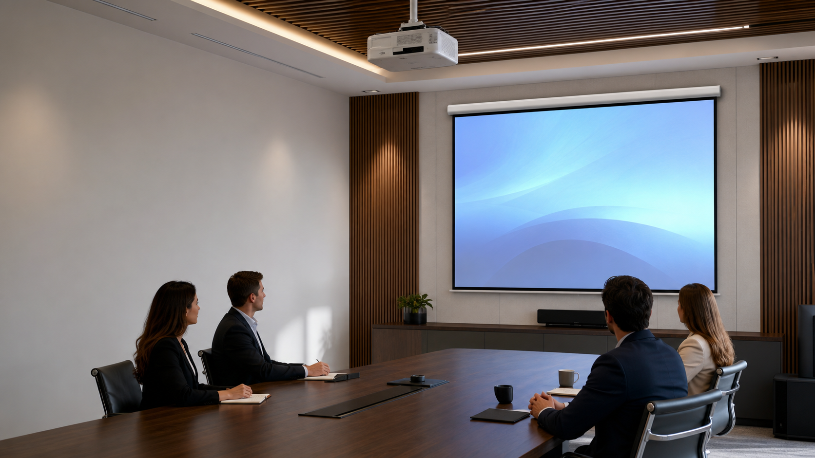 Projection screen, projector and audience arranged in a boardroom