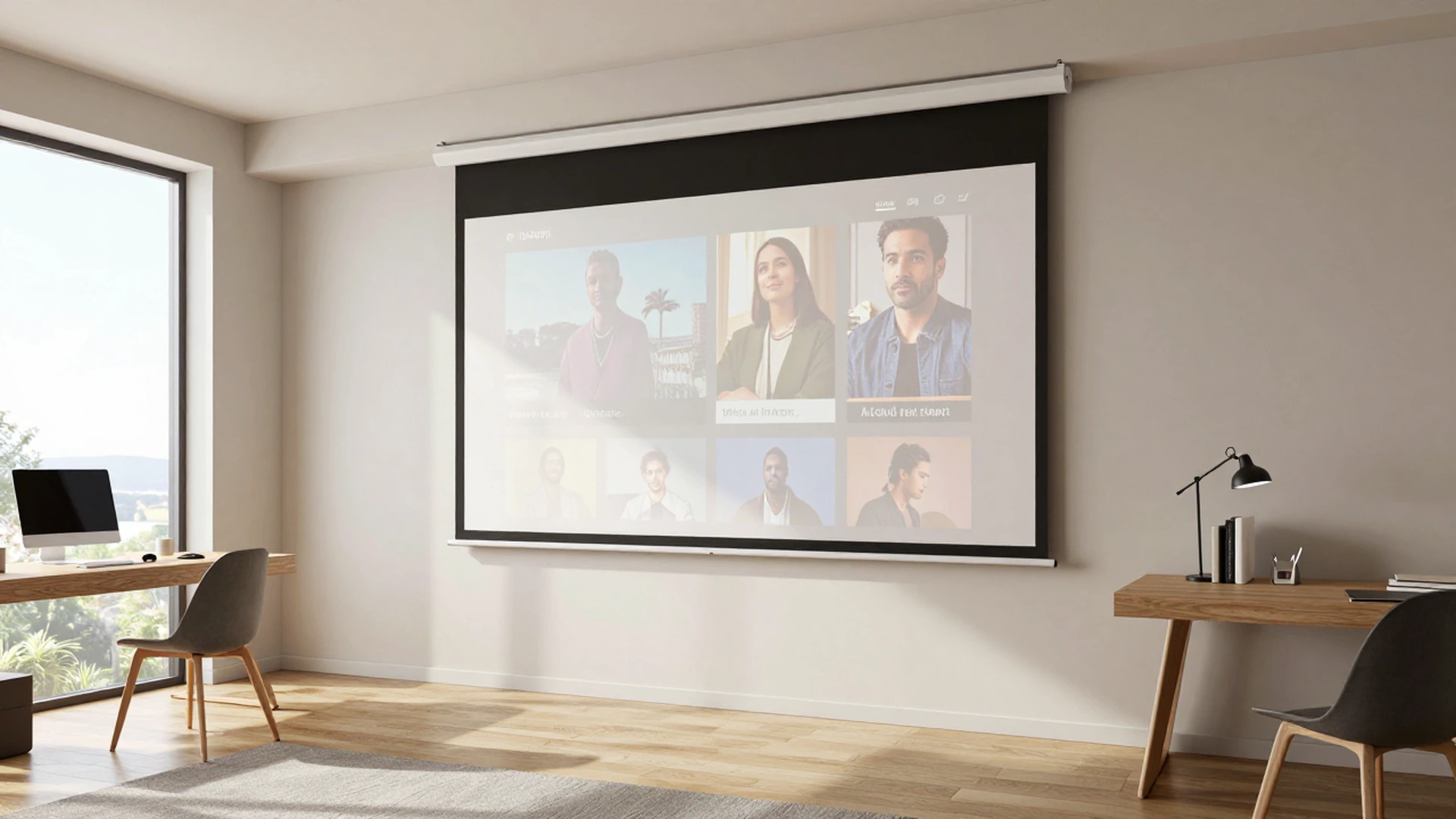 Ultra-narrow bezel fixed frame projection screen in a minimalist home office