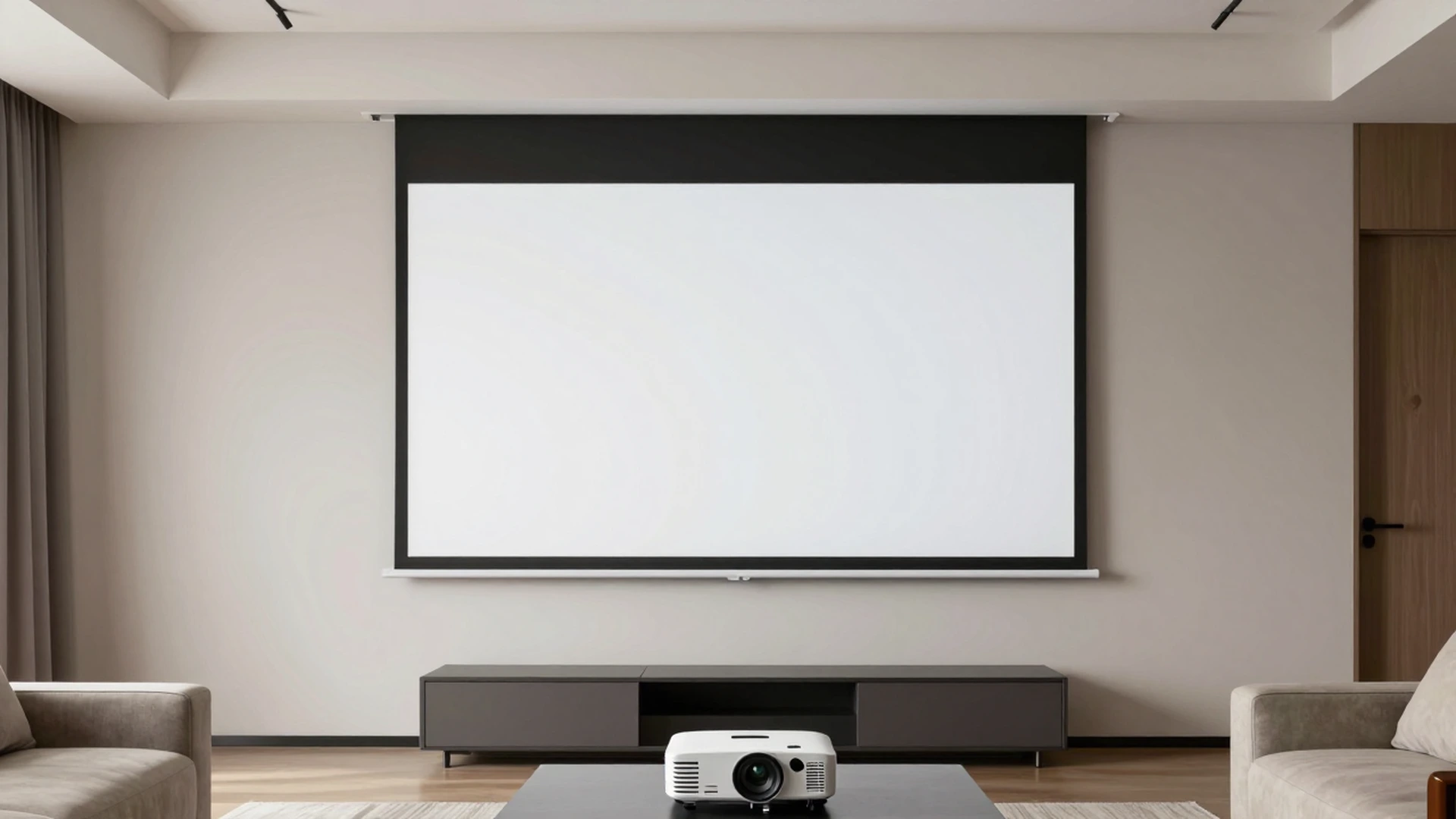 Ultra-narrow bezel fixed frame projection screen in a living room with a UST projector console