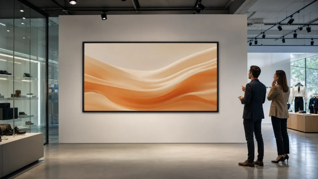 Fixed frame projection screen presenting branded visual content in a bright modern retail showroom