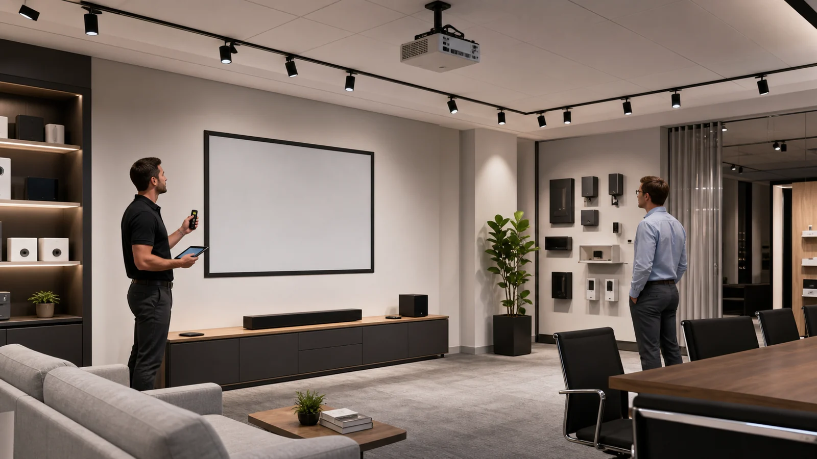 AV integrator checking projector position sightlines and ambient light in a commercial showroom