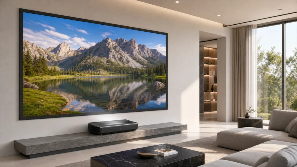 ALR CLR and UST projection screen materials compared in a bright room