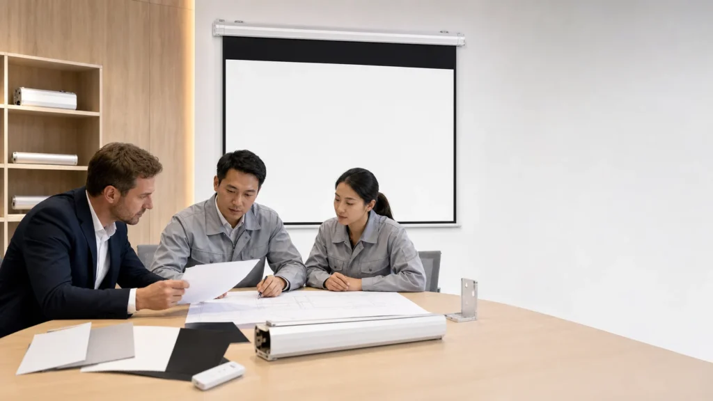 Distributor and projection screen factory team reviewing an OEM RFQ and specification sheet