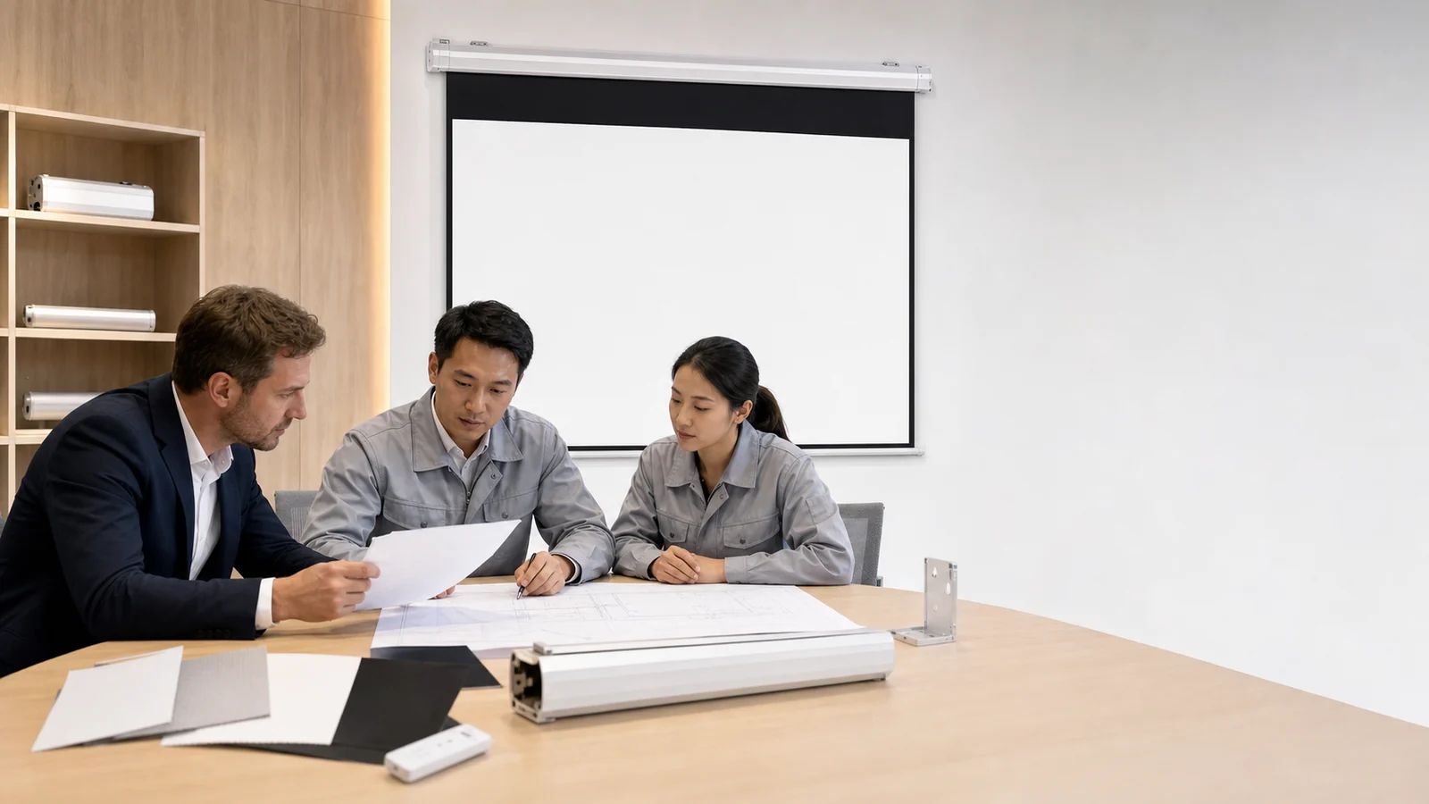 Distributor and projection screen factory team reviewing an OEM RFQ and specification sheet