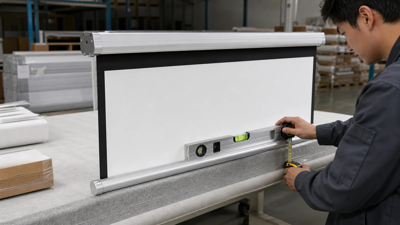 Projection screen quality control checklist reviewed at a factory inspection table