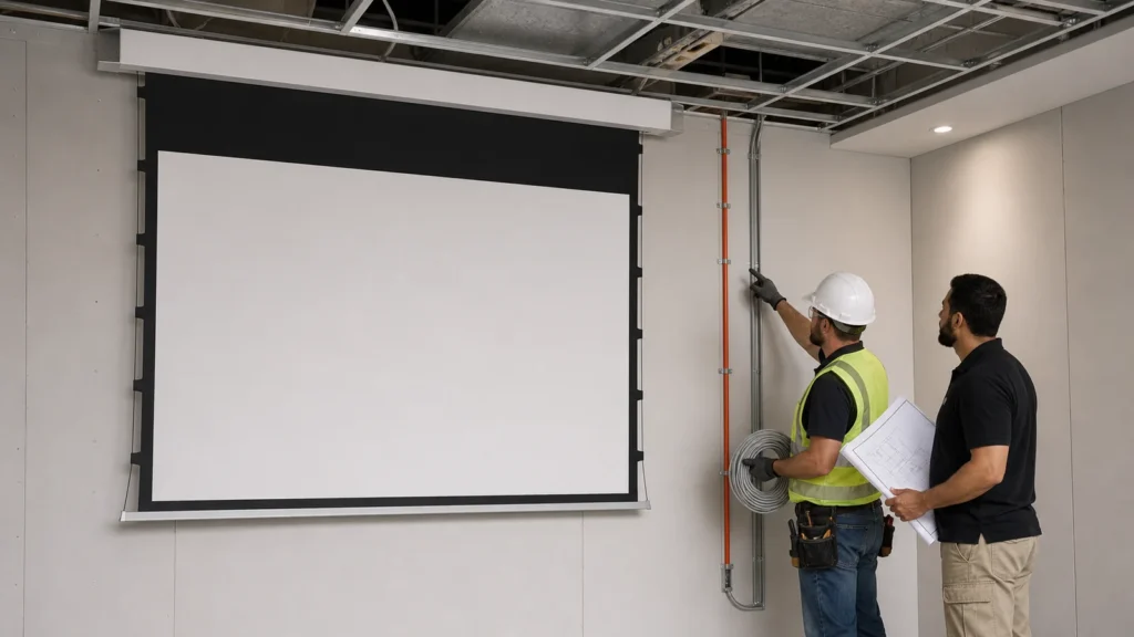 Motorized projection screen wiring and pre-wire coordination in a commercial room