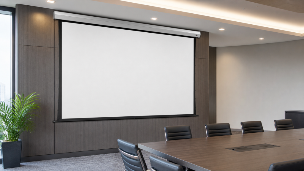 Low-voltage motorized projection screen integrated in a professional conference room