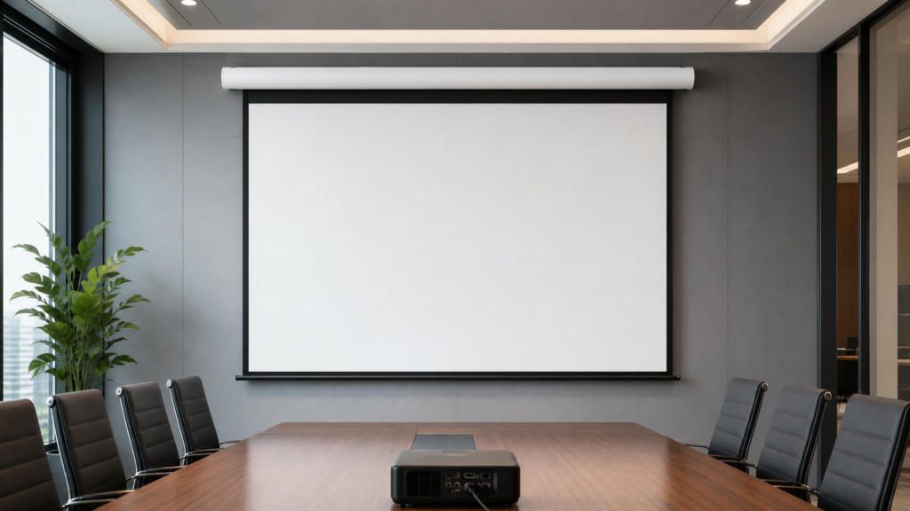 Compact aluminum housing motorized projection screen in a modern meeting room