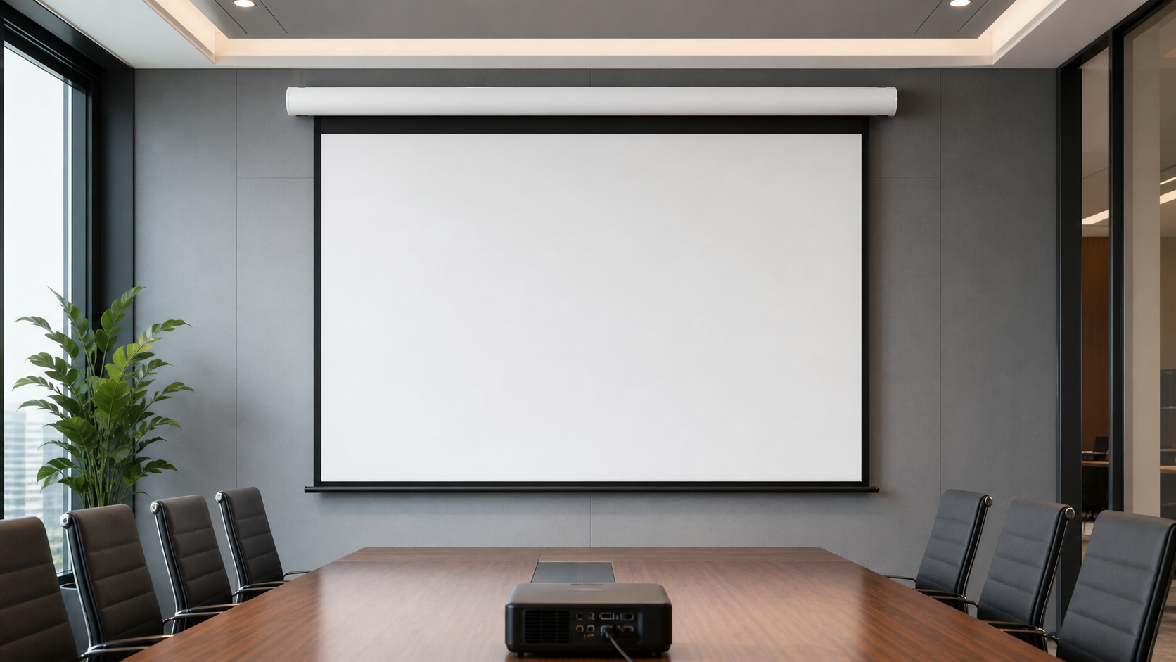Compact aluminum housing motorized projection screen in a modern meeting room