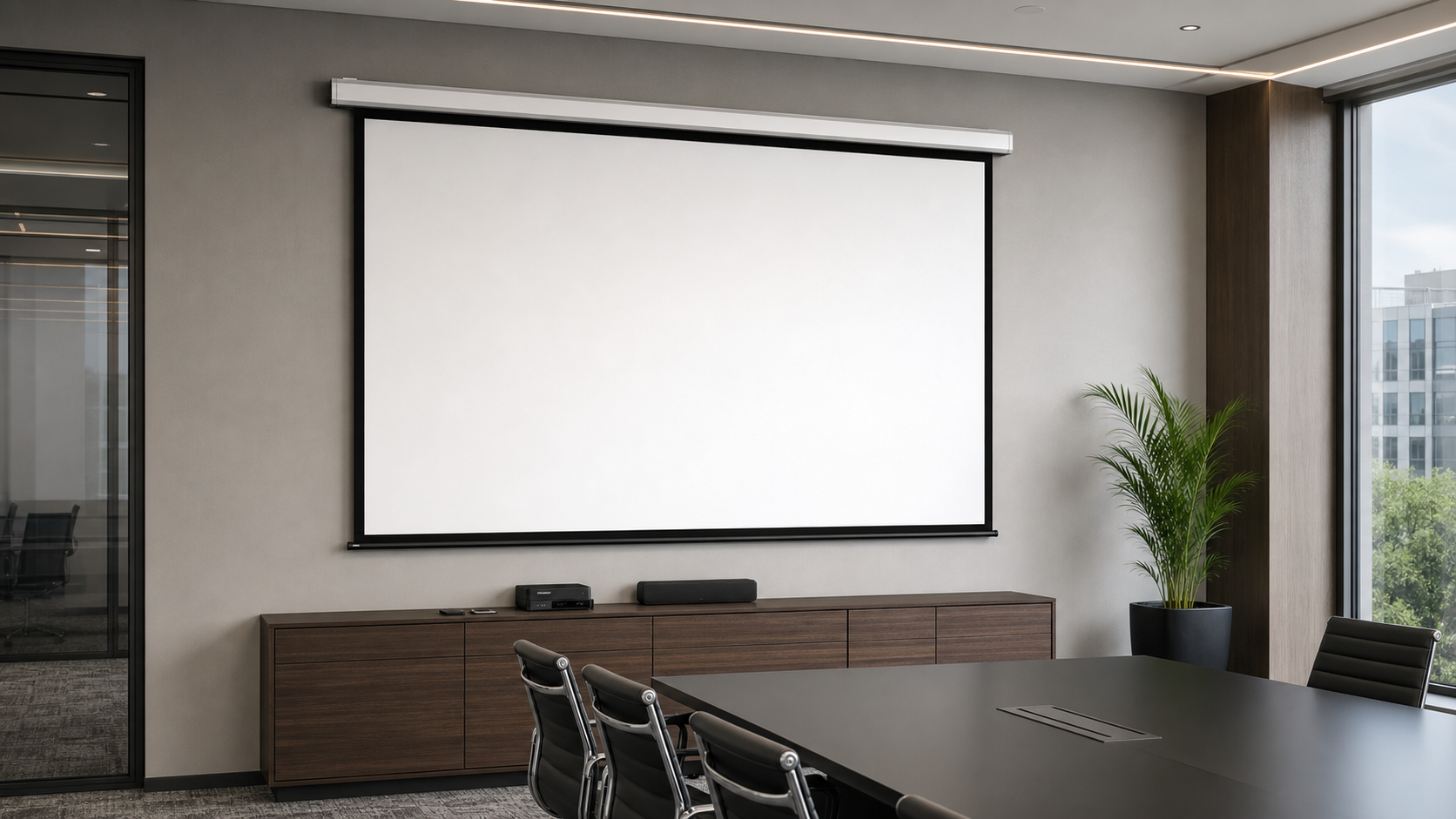 Aluminum projection screen housing with mounting and service access planning