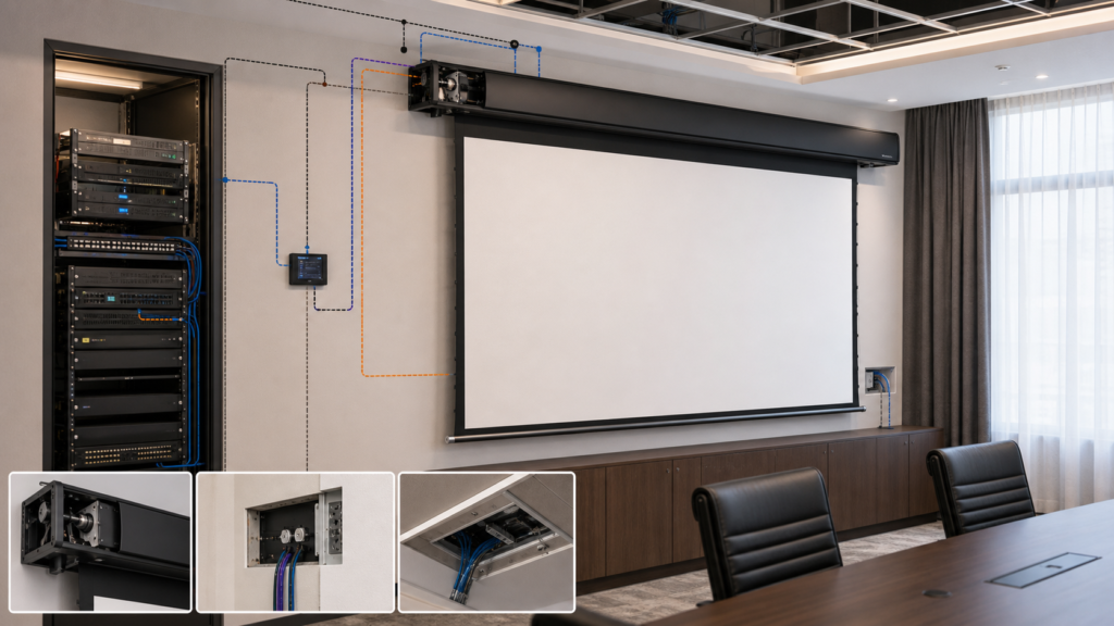 Round housing motorized projection screen installed in a professional presentation room