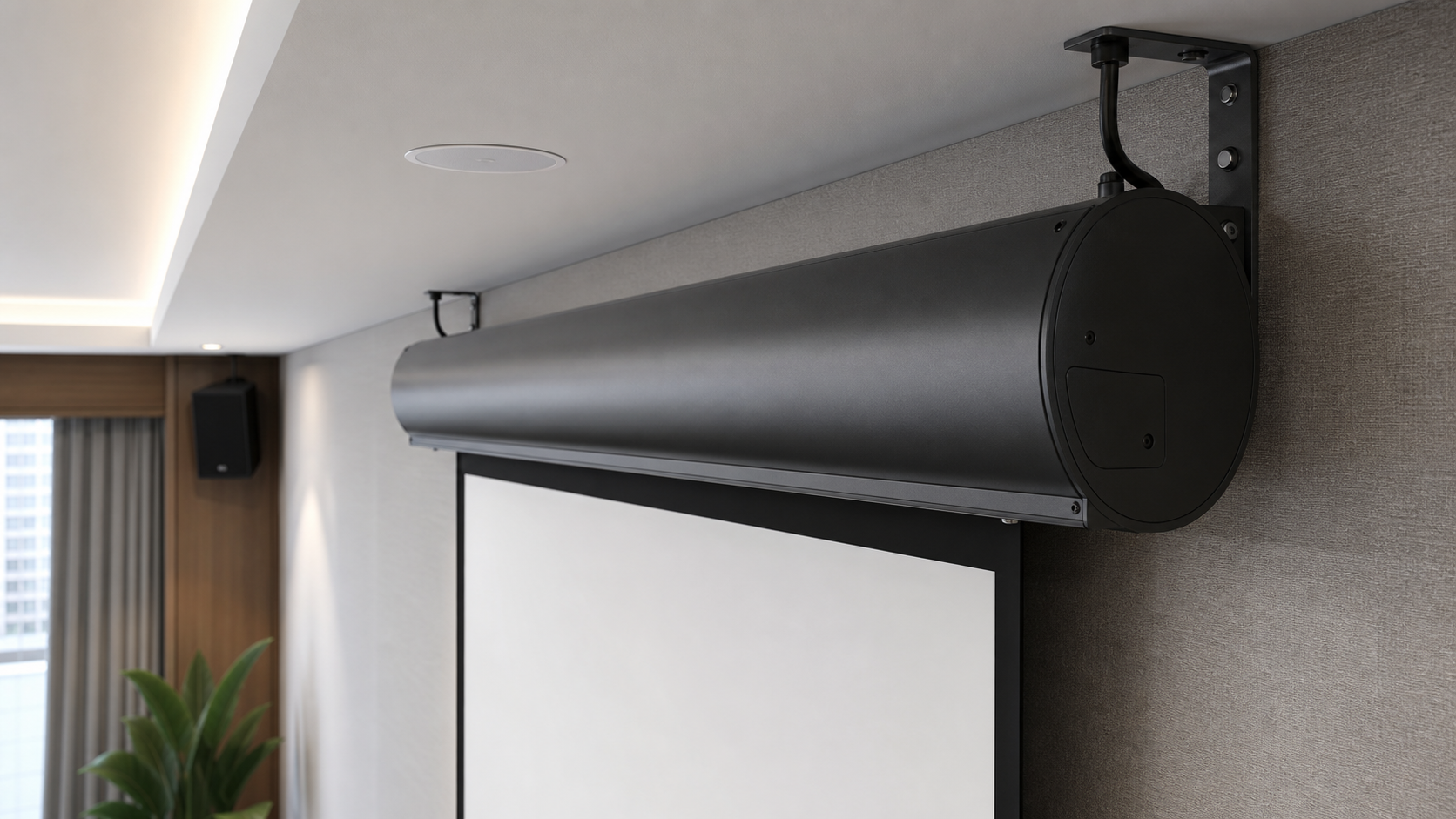 Round projection screen housing with bracket and service access planning