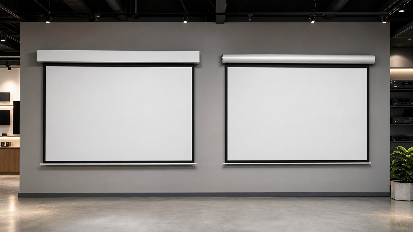 Square and aluminum casing motorized projection screens compared in a professional AV room
