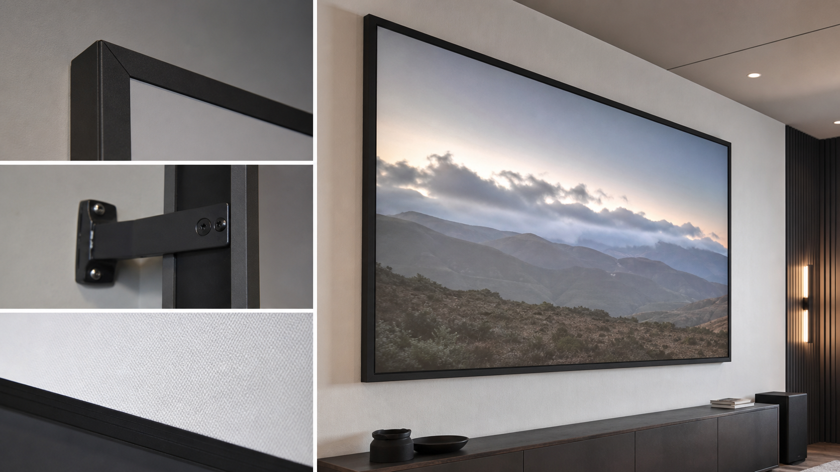 Fixed frame projection screen bezel and wall mounting detail