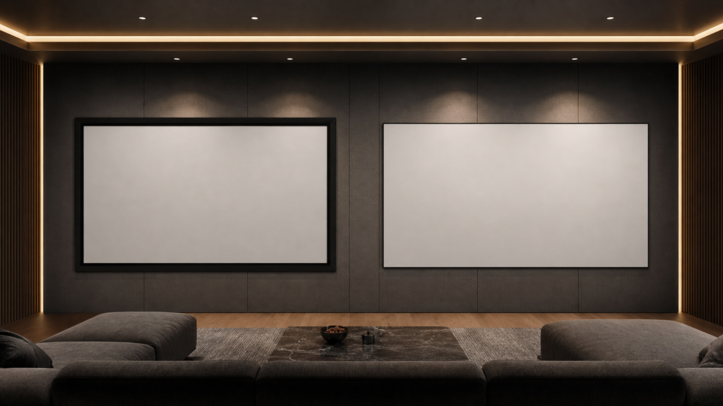 Full-screen and narrow-bezel fixed frame projection screens in a premium media room