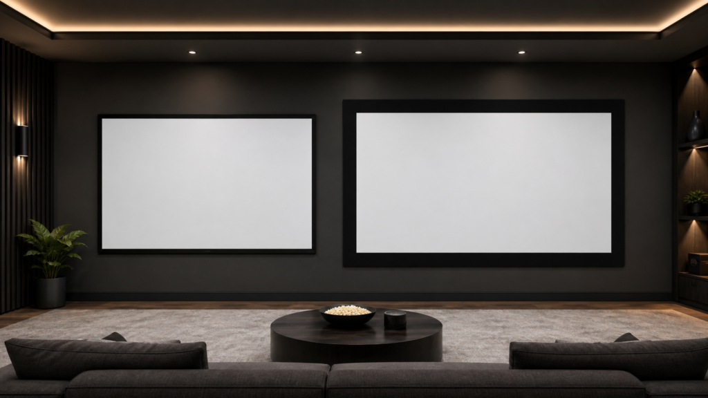 Fixed frame projection screens with different border widths in a media room