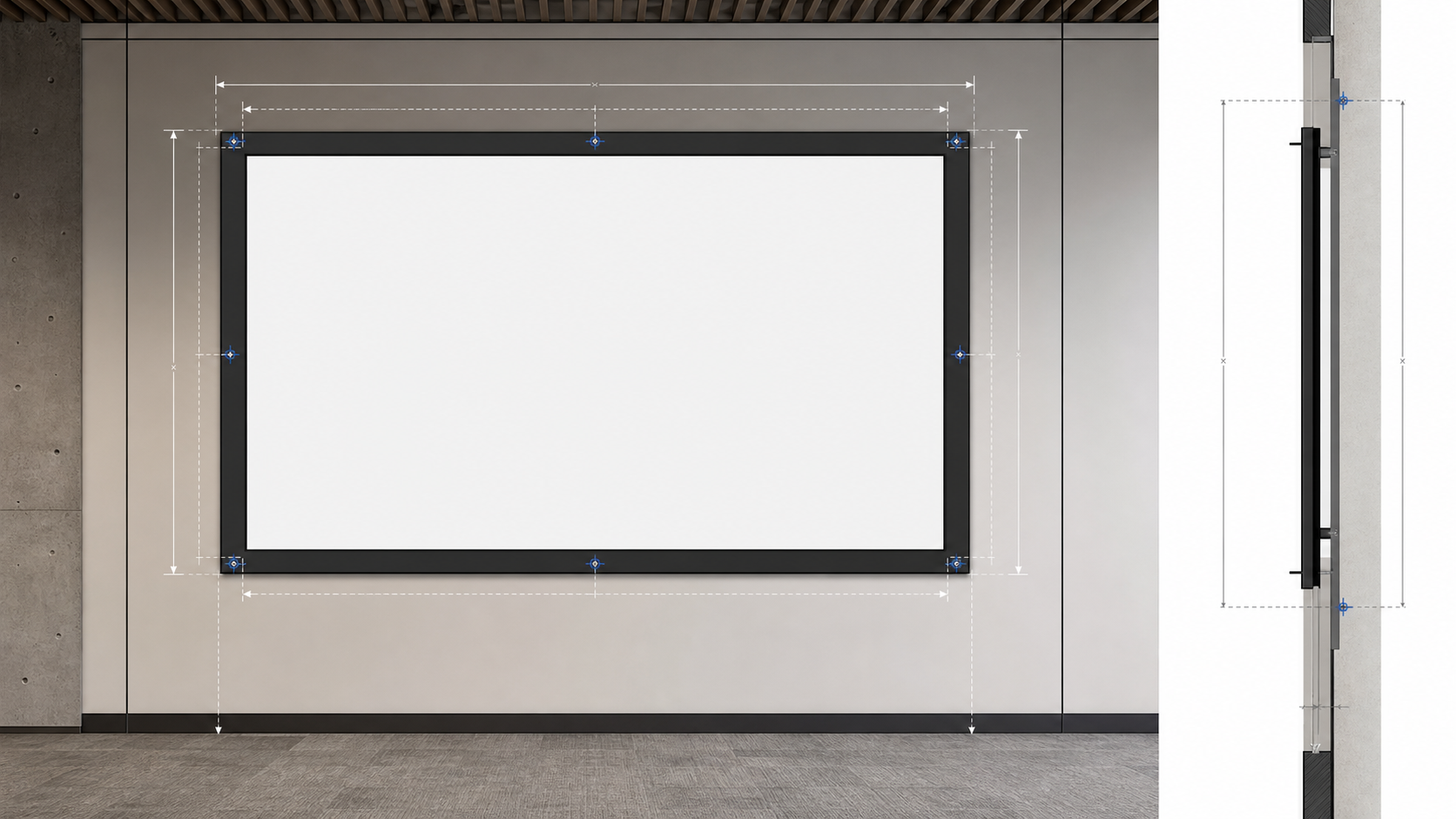 Fixed frame projection screen border and overall dimension measurement
