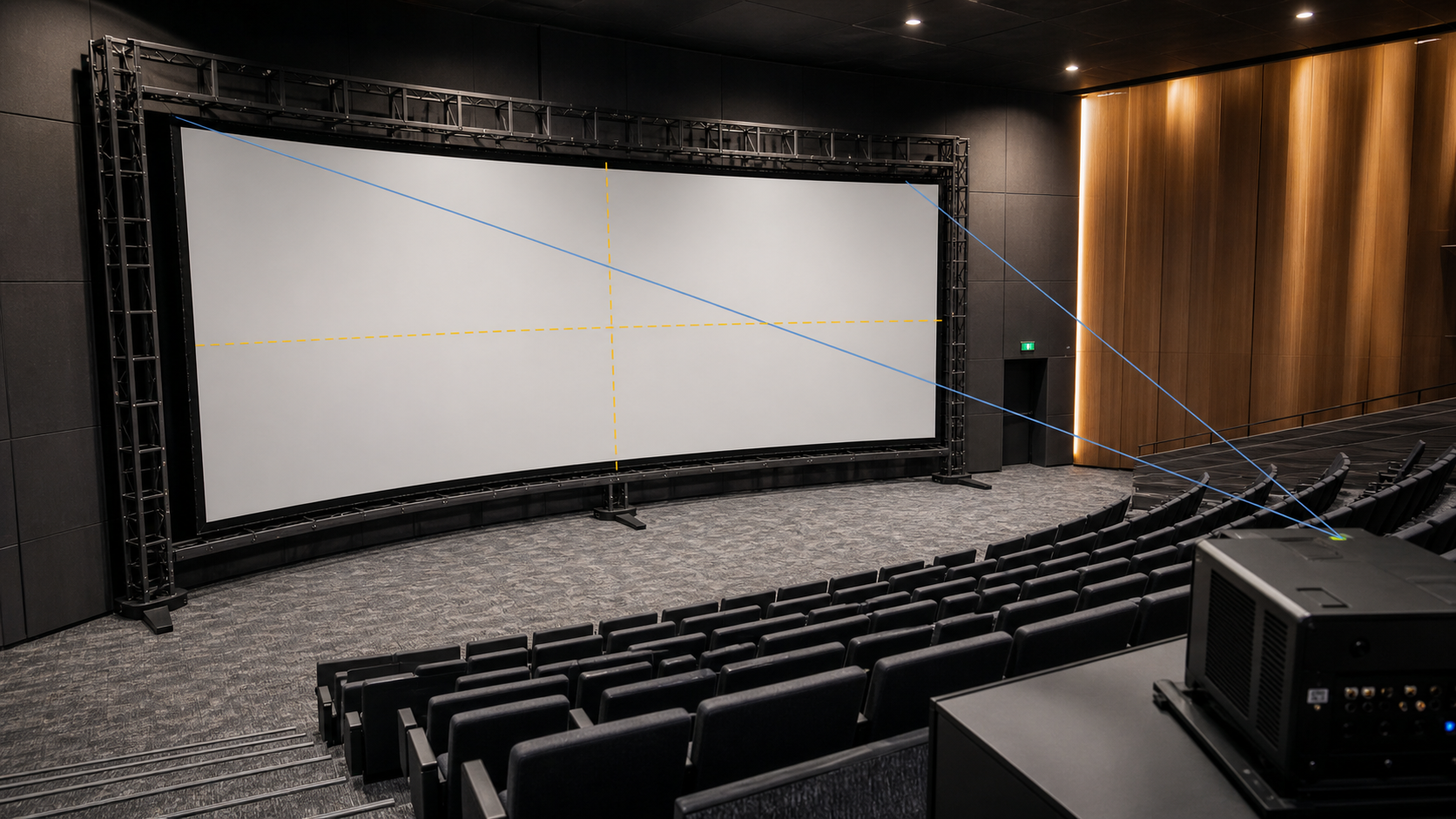 Curved projection screen geometry, support and seating layout planning