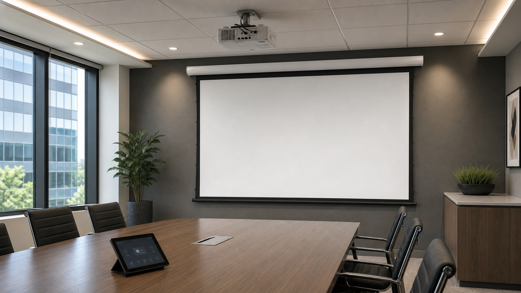 Motorized projection screen integrated with a professional AV control system