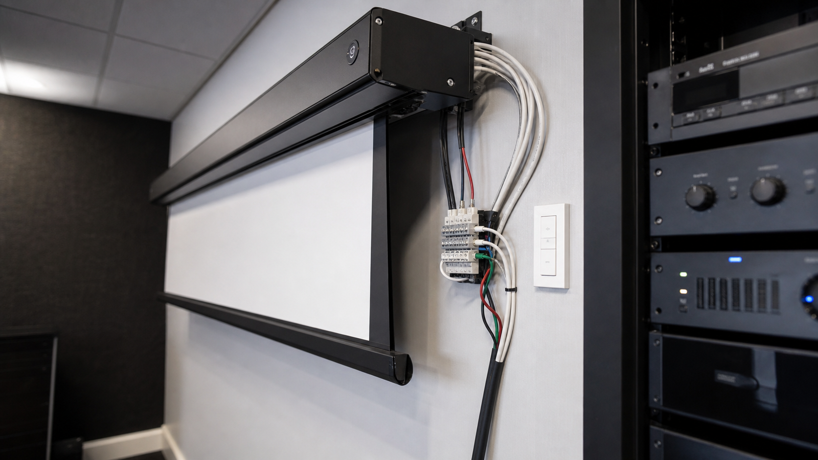 Projection screen wiring, control terminals and commissioning checklist