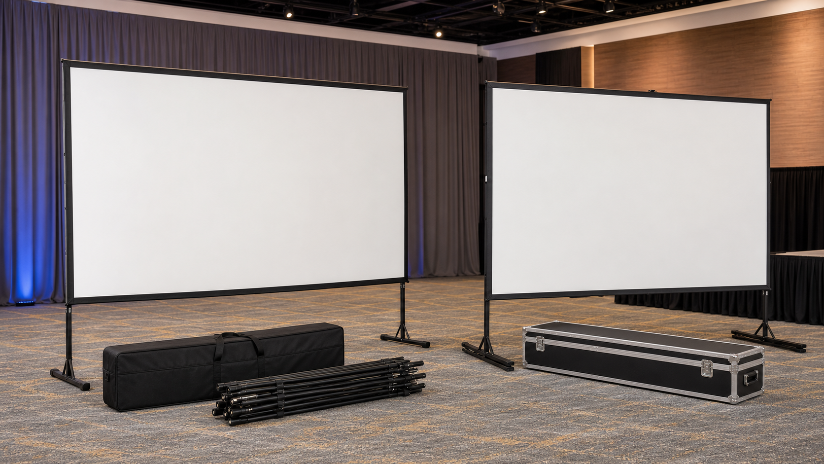 Portable folding and Fast-Fold projection screens prepared for an event setup