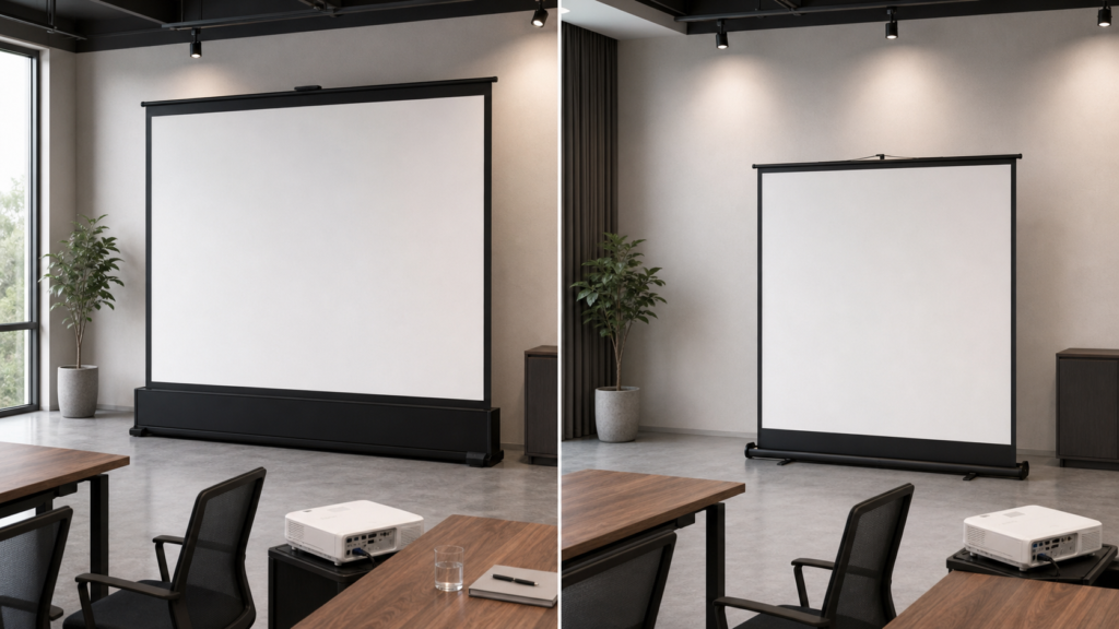 Floor-rising and manual floor pull-up projection screens in a flexible presentation room