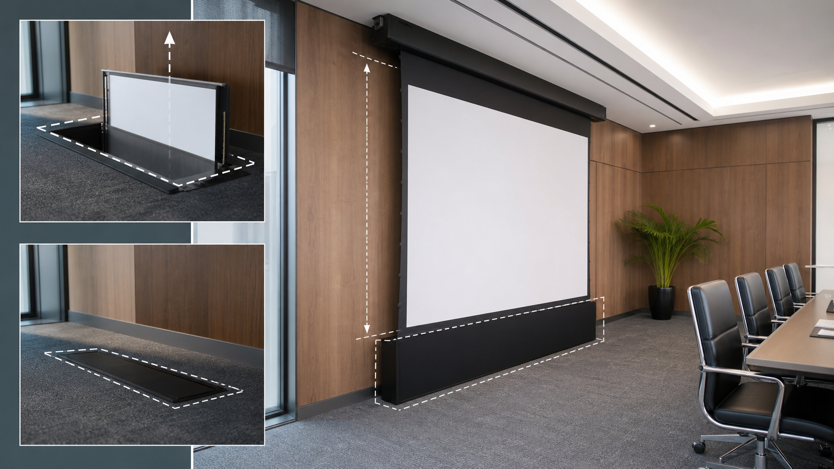 Floor-rising projection screen enclosure, furniture clearance and operation planning
