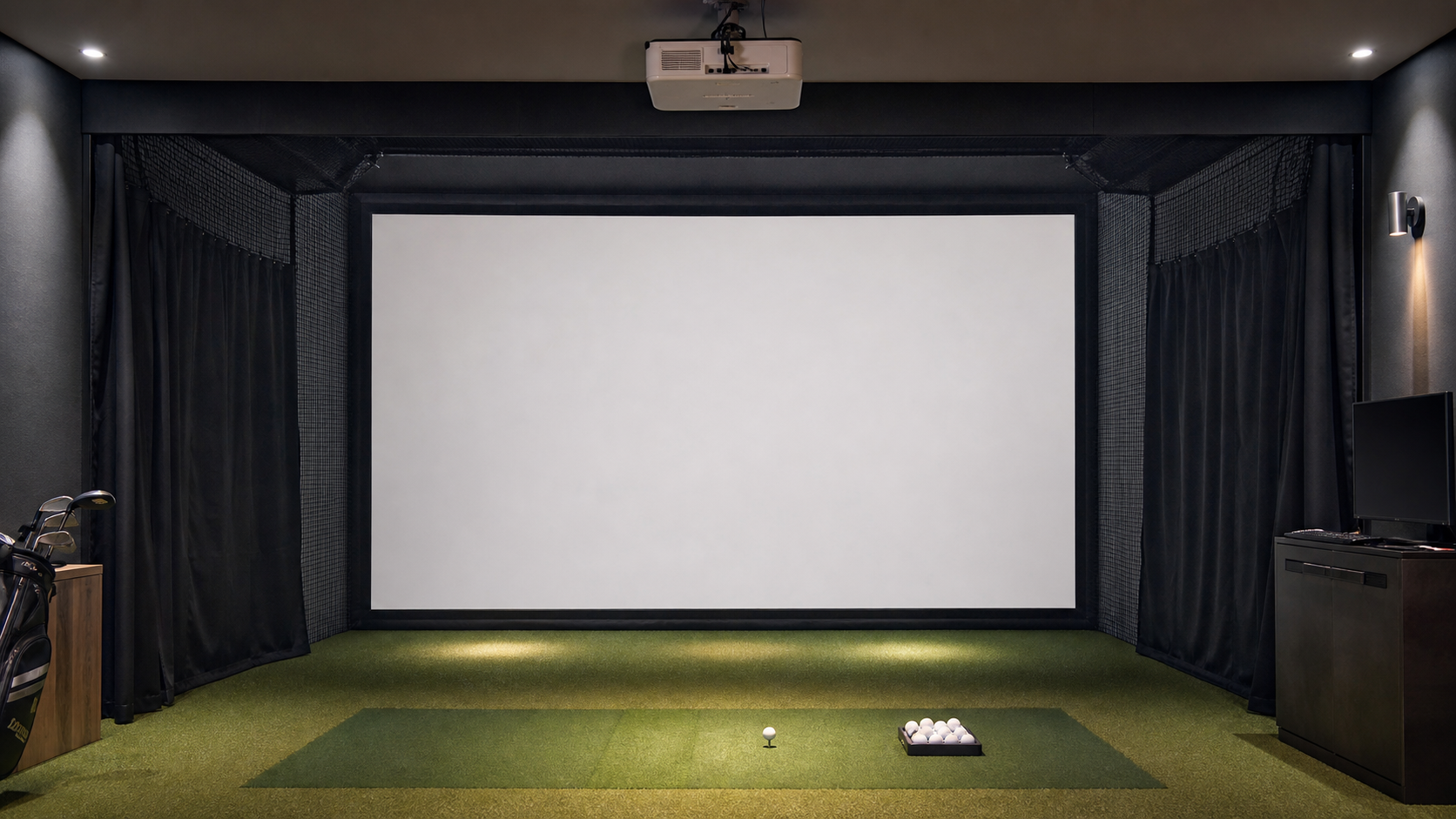Fixed frame golf simulator projection screen inside a realistic indoor golf enclosure