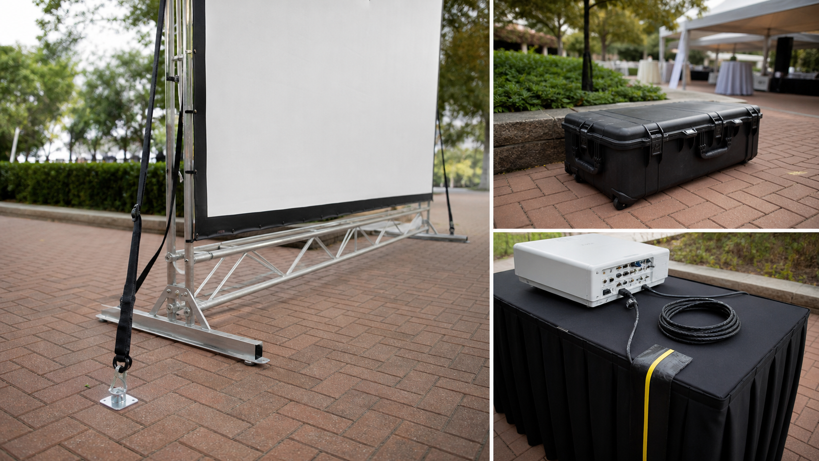Portable outdoor projection screen case, support and anchoring planning