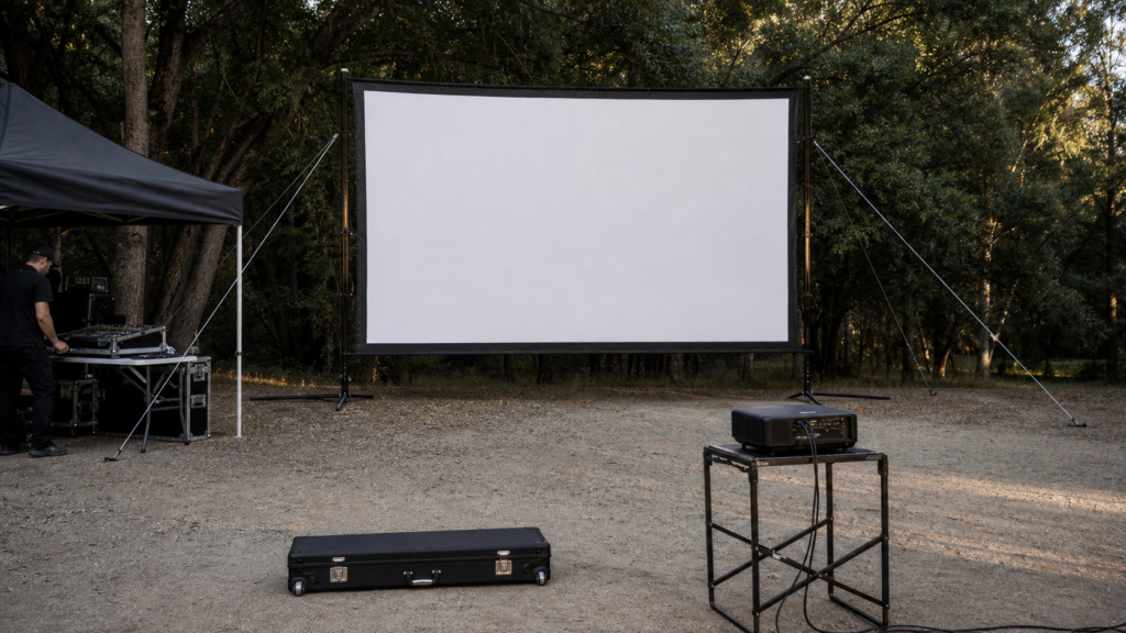 Portable projection screen prepared for a controlled outdoor event setup