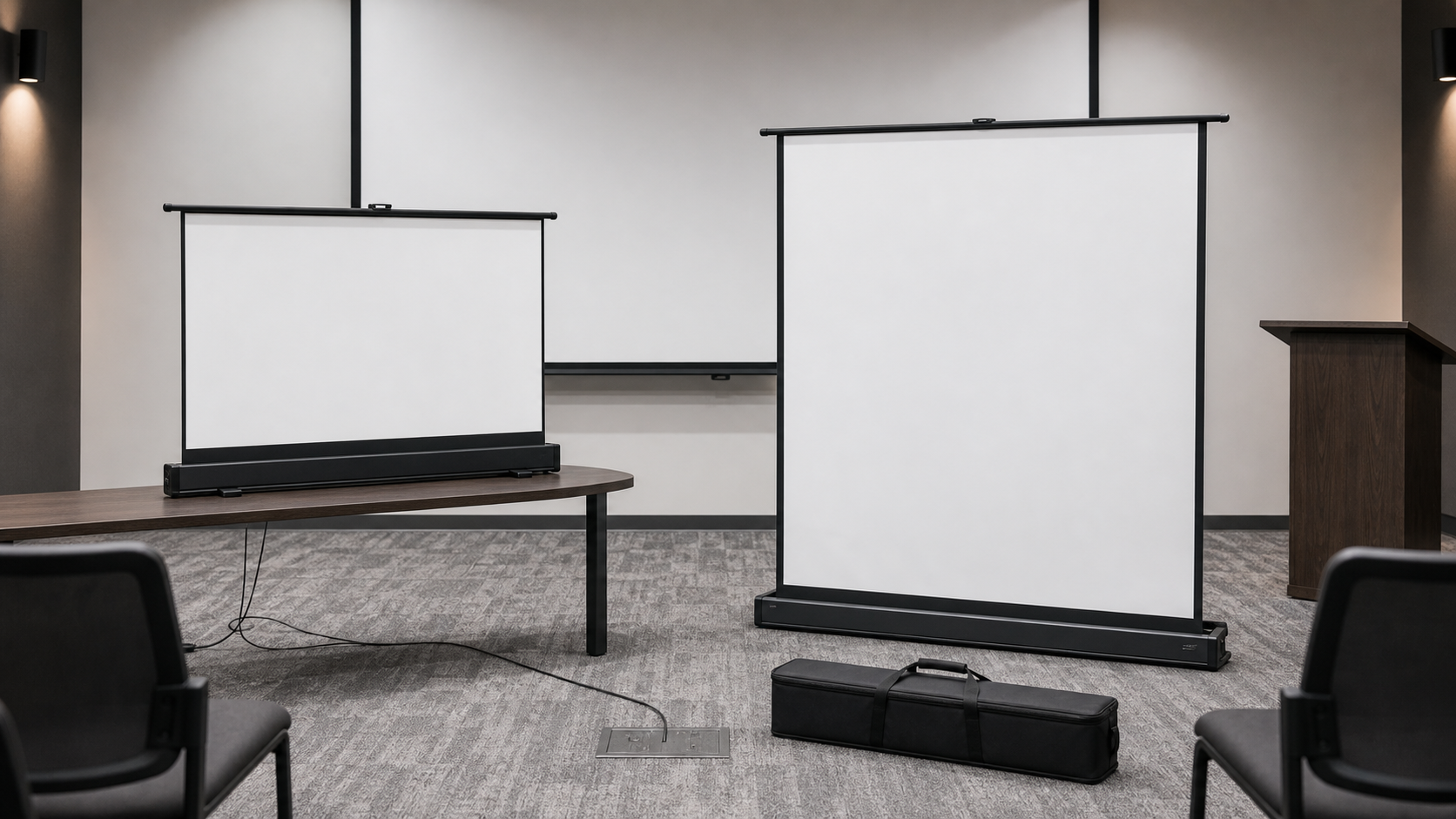 Tabletop and floor pull-up screen footprint, cables and storage planning