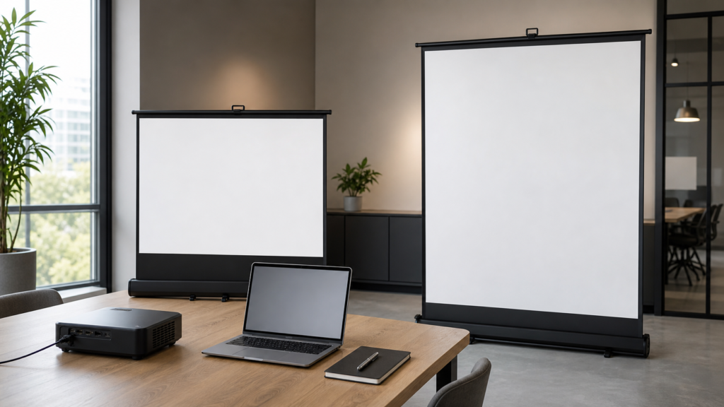 Tabletop and floor pull-up projection screens for mobile business presentations