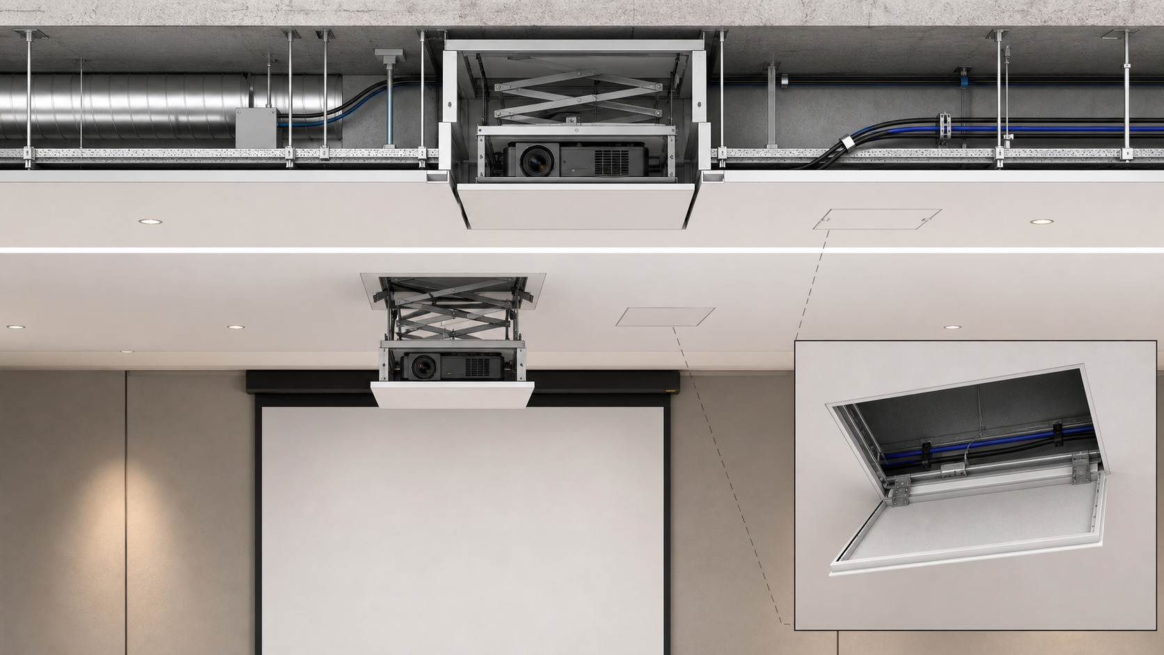 Projector lift ceiling envelope, cable route and service access planning