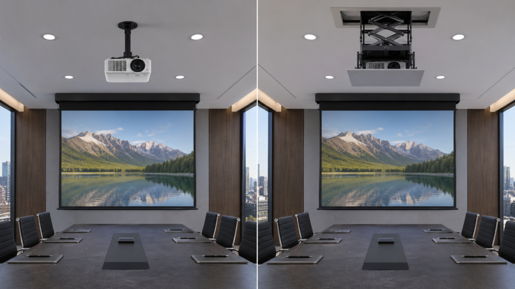 Projector mount and projector lift options coordinated with a motorized projection screen