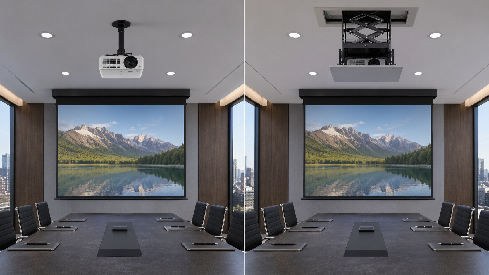Projector mount and projector lift options coordinated with a motorized projection screen