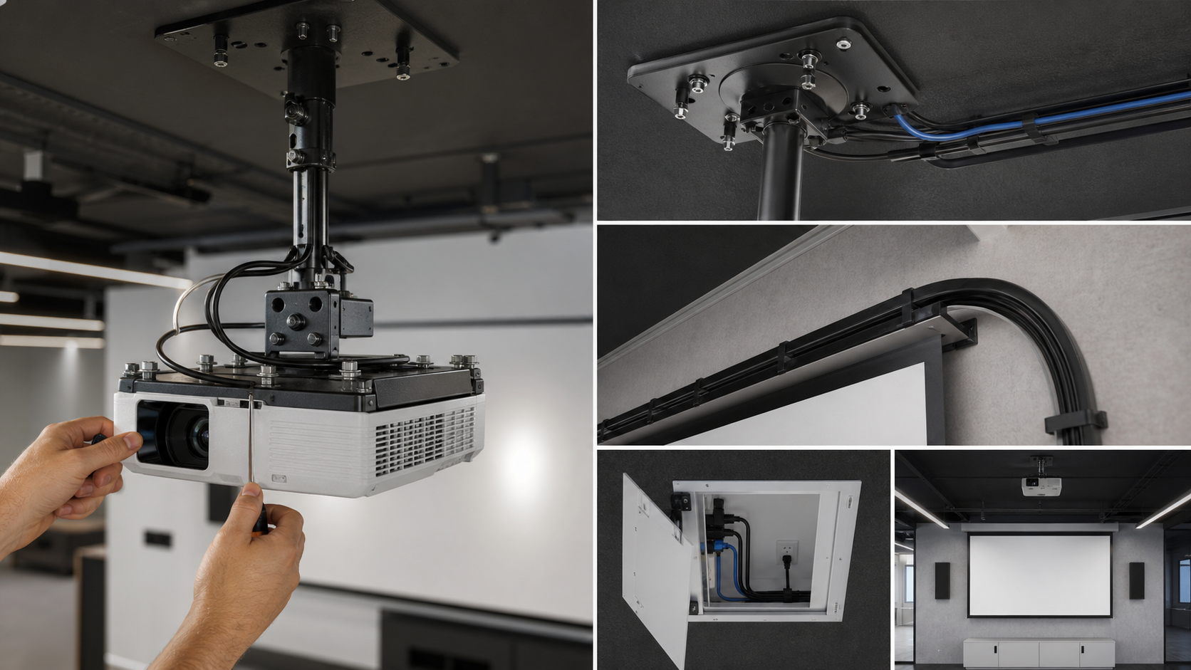 Projector mount adjustment, ceiling fixing and cable routing detail