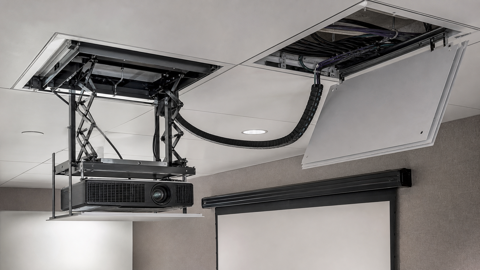 Projector lift ceiling envelope, cable flex and service access planning