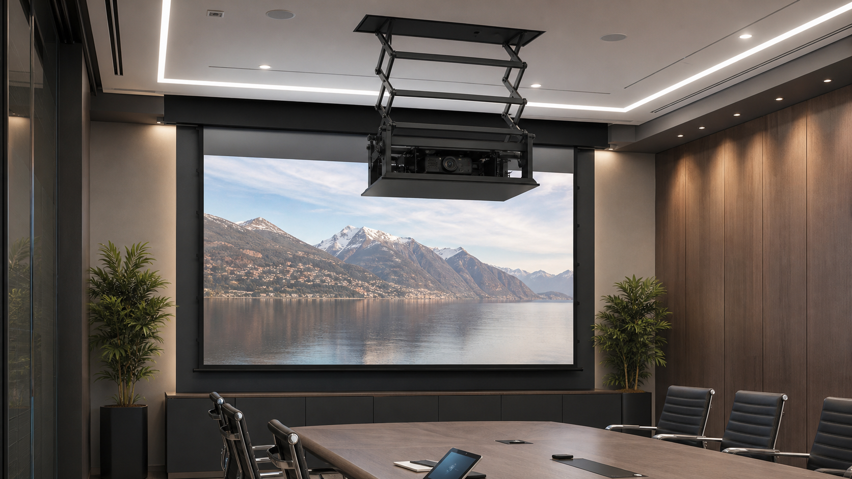 SX projector lift concealed above a motorized projection screen in a professional room