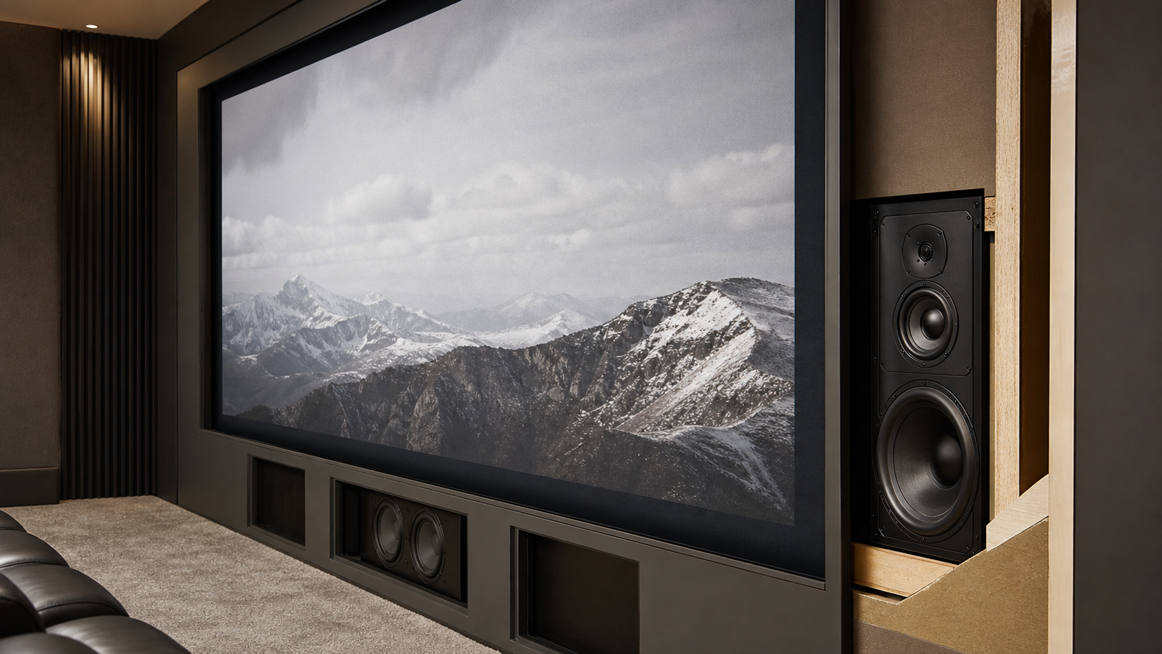 Acoustic transparent projection screen with speakers positioned behind the image area