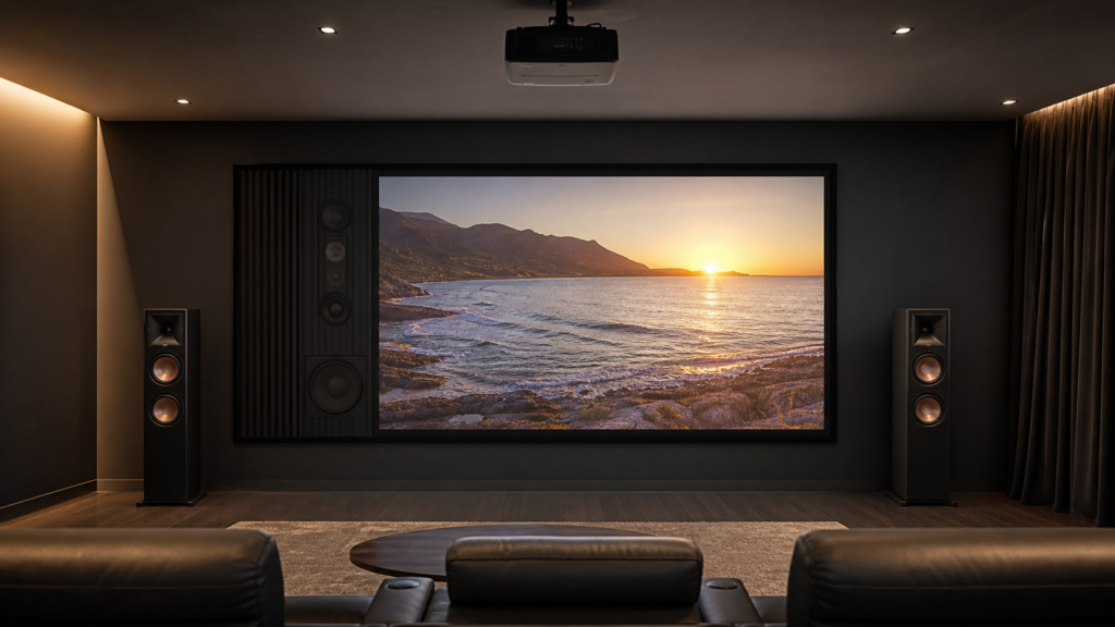 Acoustic transparent and standard fixed frame projection screens compared in a media room