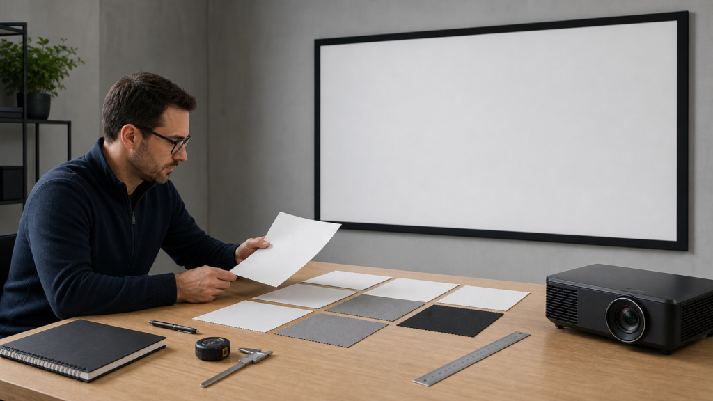 Projection screen fabric samples reviewed beside a projector and technical checklist