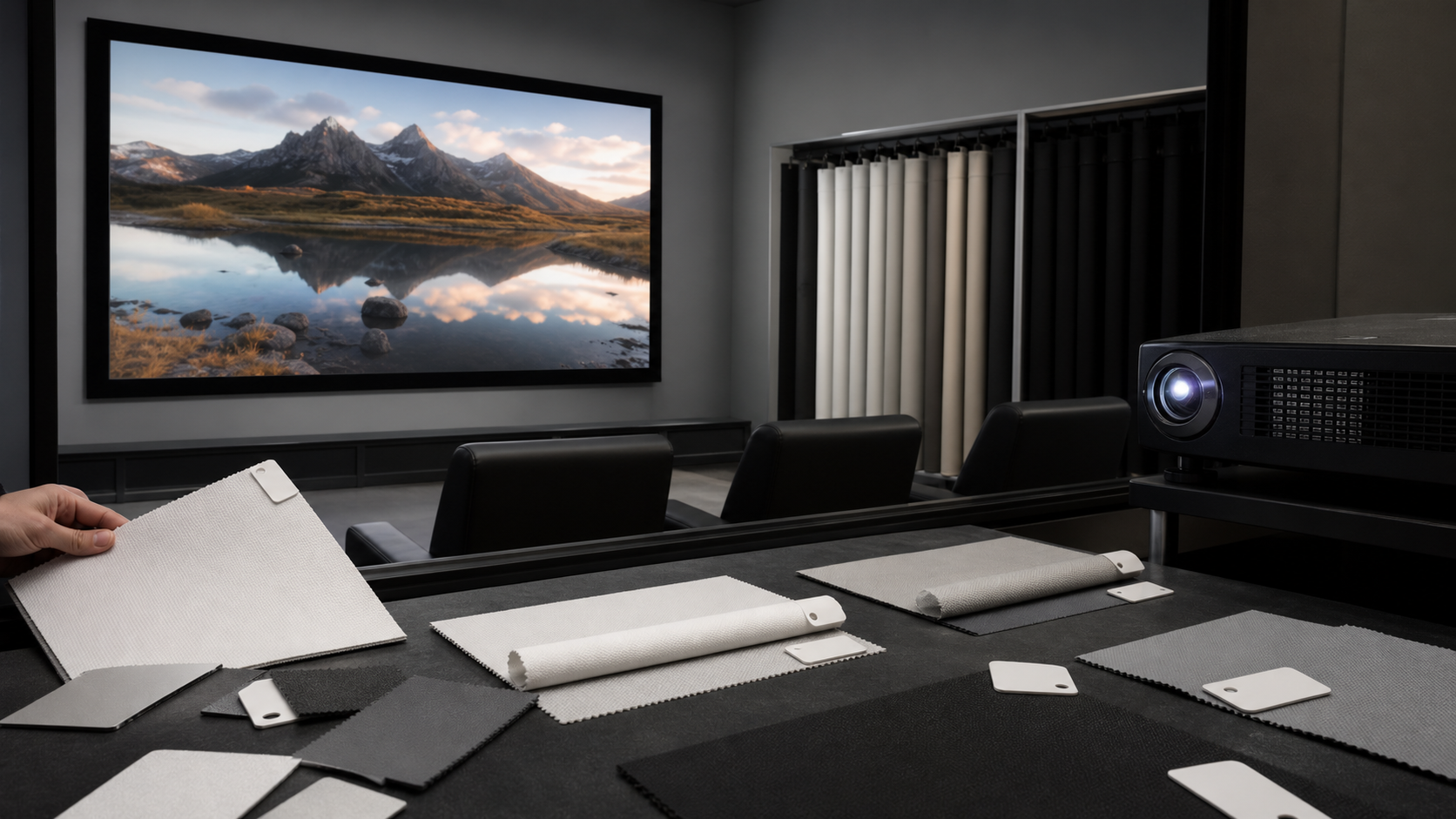 Projection screen material sample tested from center and side viewing positions