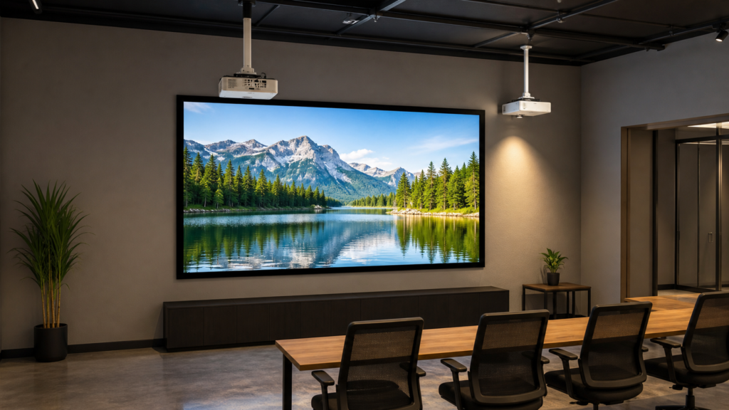 Short-throw and standard-throw projectors paired with projection screen materials in an AV room