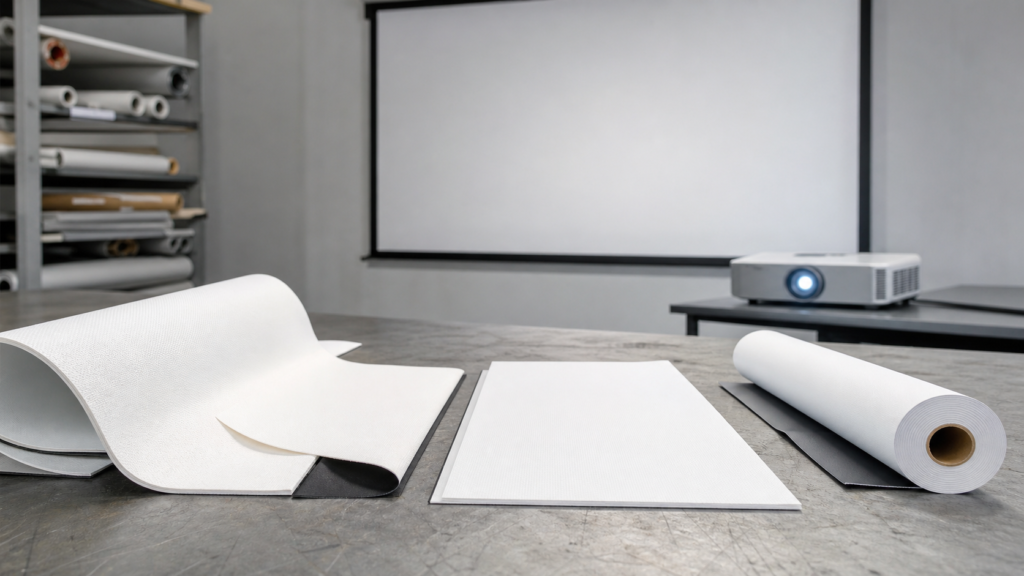 Matte white, fiberglass and PVC projection screen fabric samples arranged for comparison