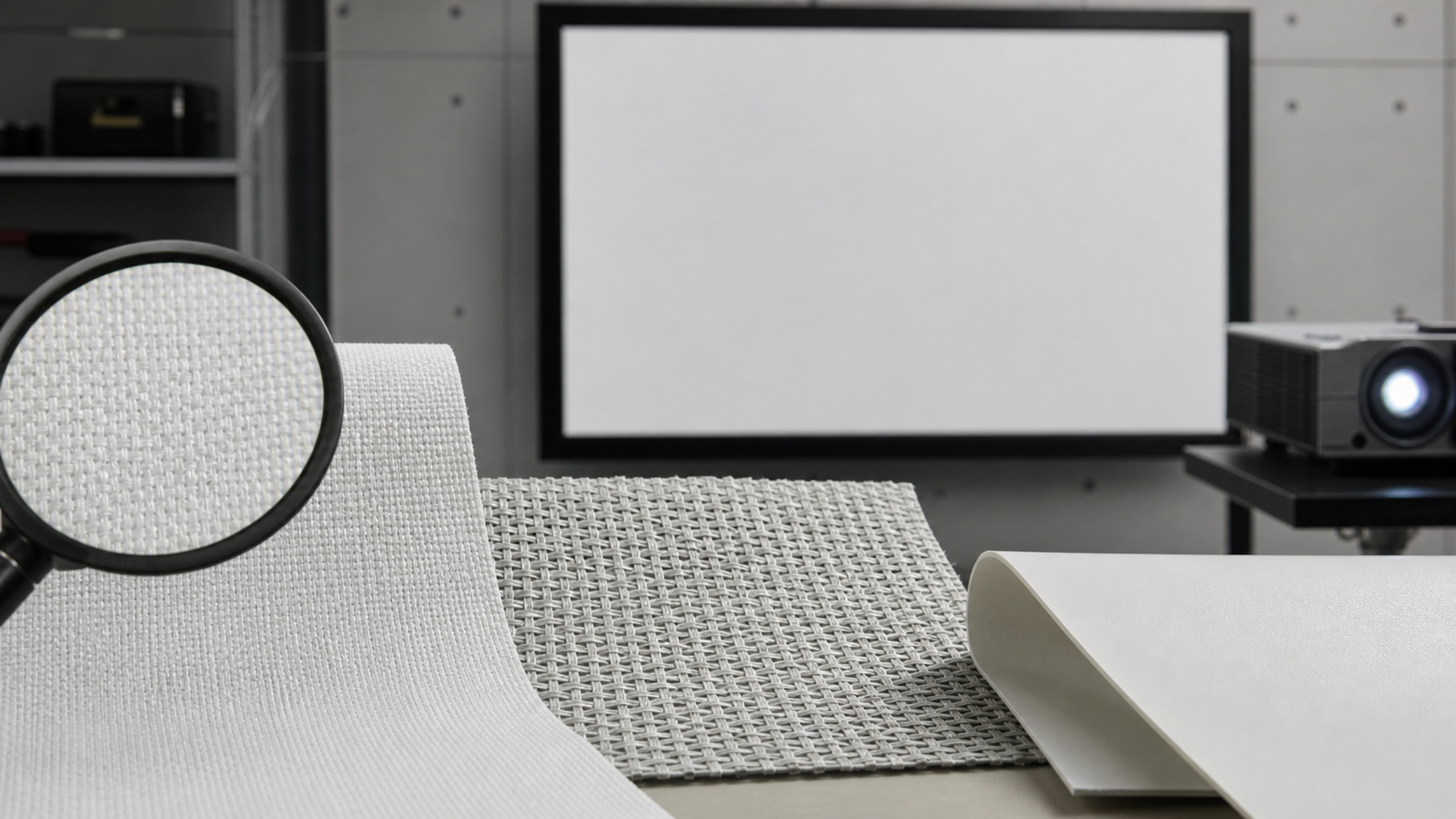 Close view of projection screen fabric backing and surface structure under inspection