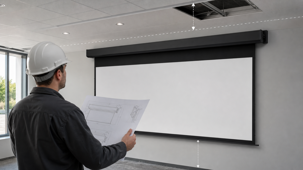 Projection screen casing, black border and drop dimensions reviewed on an installation drawing