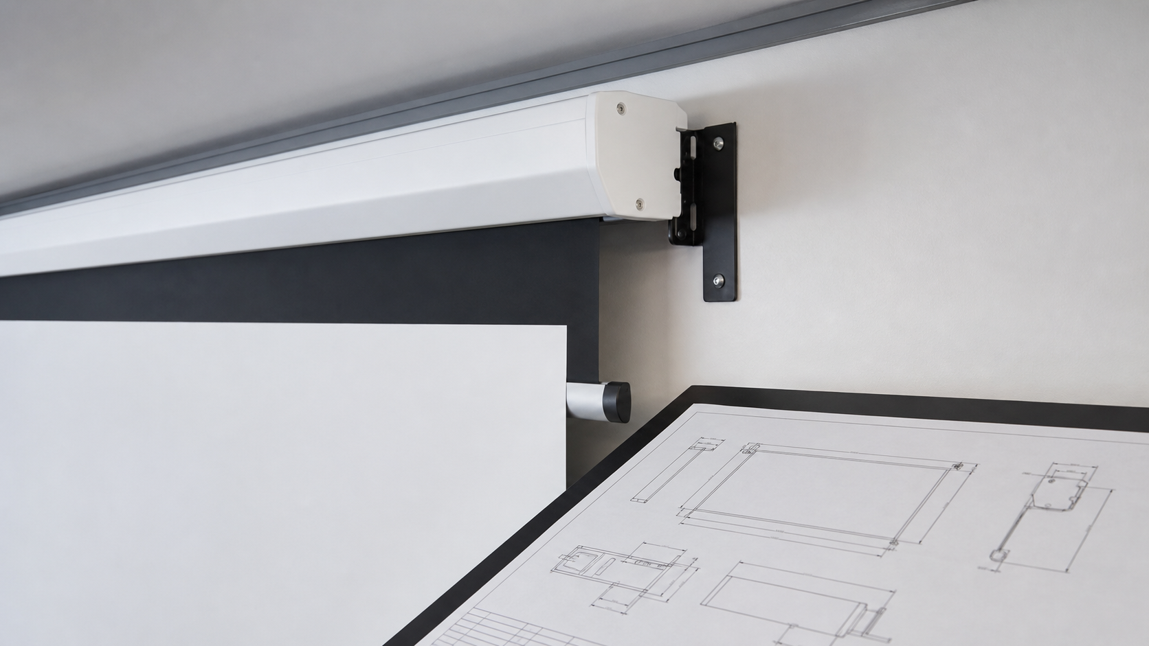 Electric projection screen housing, mounting bracket and service clearance detail