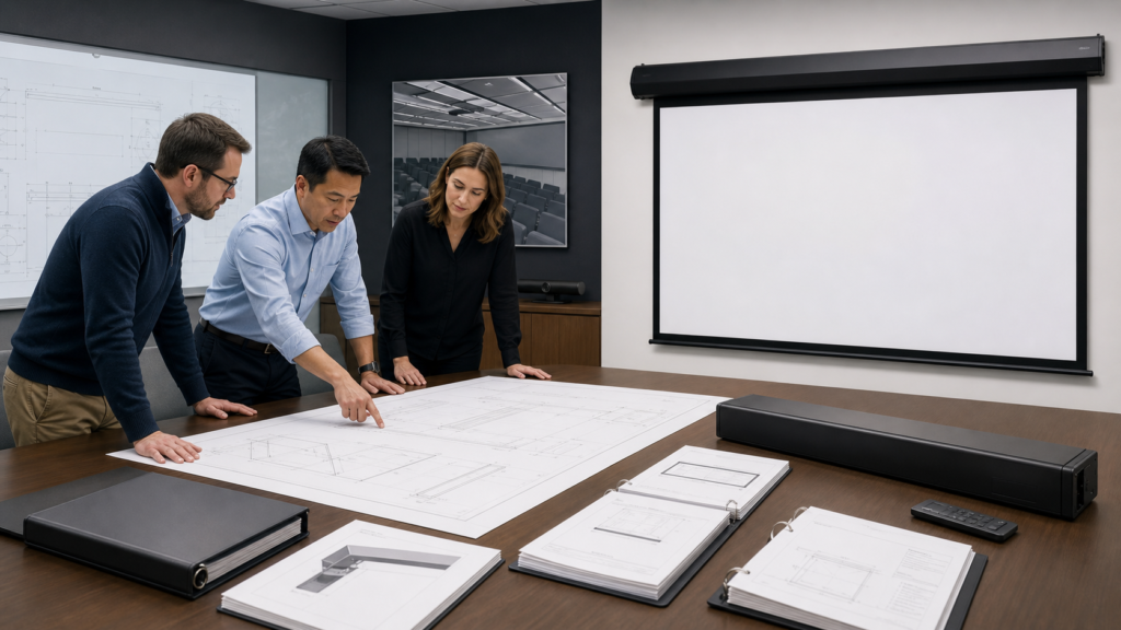 Projection screen shop drawing and technical submittal package reviewed by an AV project team