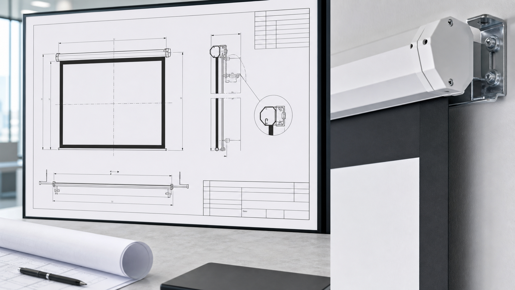 Projection screen drawing dimensions, revision block and installation notes detail