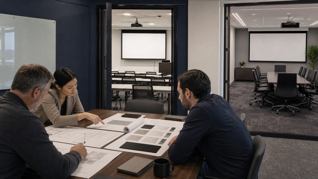 Multi-room projection screen standardization schedule for classrooms and meeting rooms